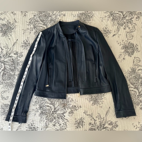 Cropped, indigo blue, perforated leather jacket - Picture 7 of 16